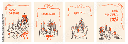 Set of modern hand drawn doodle posters, design, background, invitations for Merry Christmas and Happy New Year celebration dinner. Festive feast table. Coquette minimalist aesthetic bow ribbon style