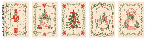 Set of hand drawn whimsical red and green Merry Christmas and Happy New Year greeting cards, posters, backgrounds. Holli leaves, poinsettia flowers garland, bow ribbon chalk rectangle frame design