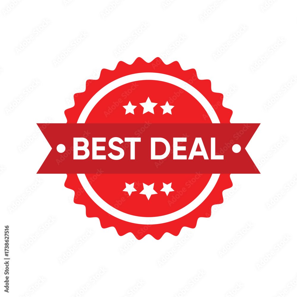 Obraz premium A vibrant red vector badge or stamp with ribbon and stars, featuring the text 