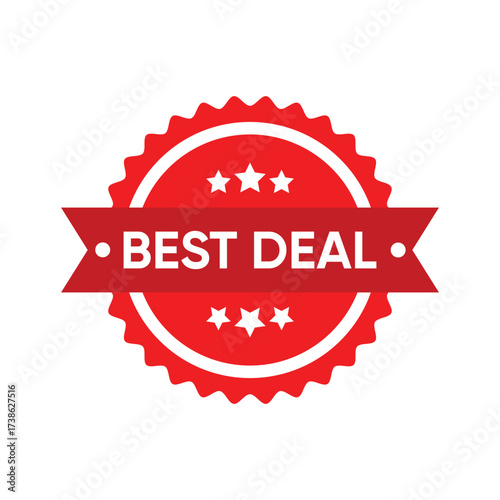 A vibrant red vector badge or stamp with ribbon and stars, featuring the text "BEST DEAL" for sales, promotions, and guaranteed value.