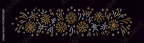 Gold and silver doodle firework at night sky background. Hand drawn vector illustration. Merry Christmas and Happy New Year banner, poster, invitation horizontal rectangle fancy luxury design