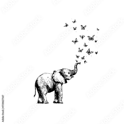 Elephant with butterflies drawing vector illustration wildlife animal nature african safari design graphic art print