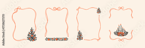 Set of whimsical aesthetic wavy minimalist crayon Christmas frames with coquettish ribbon bow. Happy New year charcoal hand drawn vintage doodle border. Christmas tree decoration wreath with candles