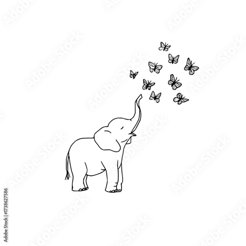 Elephant blowing butterflies cute animal drawing line art vector illustration for prints and designs one hundred