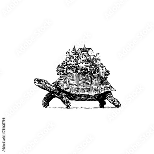 Turtle carrying city illustration drawing black and white fantasy art tortoise shell architecture travel home design