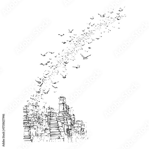 Cityscape drawing with birds flying away black and white illustration vector art graphic design concept