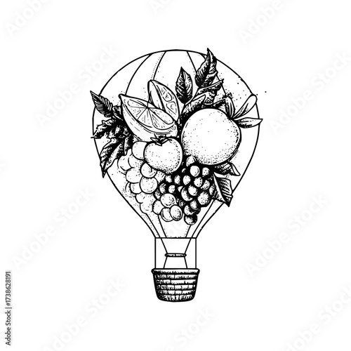 Fruit balloon illustration vector design with grapes oranges and apple for healthy food and travel concept