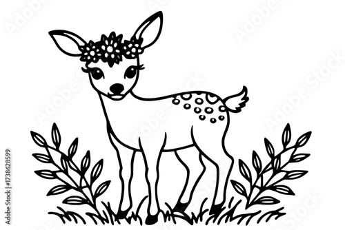 a cute deer with flower in the field