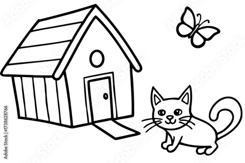 cat playing with butterfly in front of a house