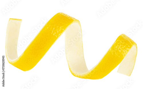 Fresh and ripe lemon skin isolated on a white background. Lemon zest. Lemon peel curl.