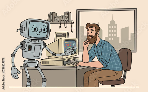 Computer-using man interacting with friendly robot in office setting  