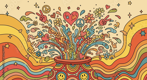 Colorful abstract illustration of a joyful pot overflowing with shapes  