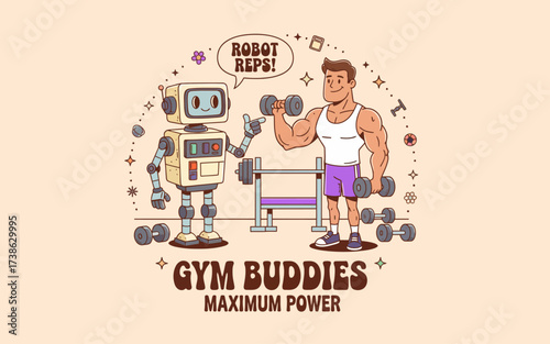 Robot and man lifting weights together in colorful gym illustration  