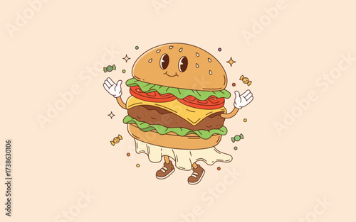 Cartoon hamburger character smiling and gesturing joyfully  
