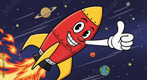 Happy cartoon rocket flying in space with planets and stars  