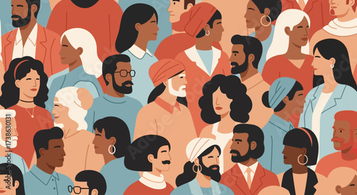Diverse group of people in colorful illustration representing community  