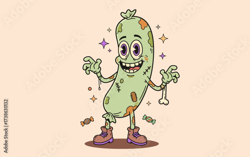 Cartoon pickle character smiling and holding candy with roller skates  