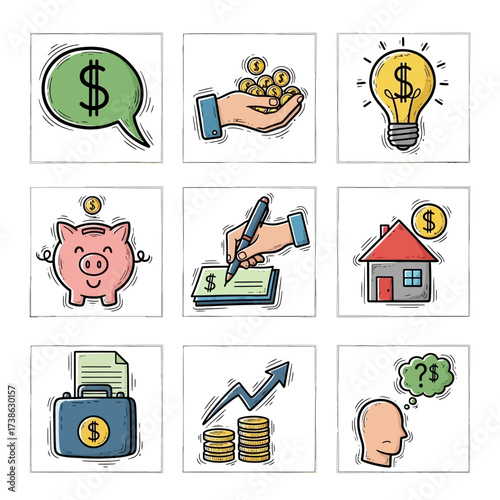 Financial concepts illustrated in colorful icons and symbols  