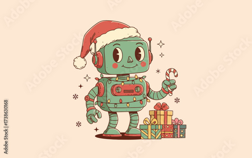 Retro robot in Santa hat holding candy cane with Christmas gifts  