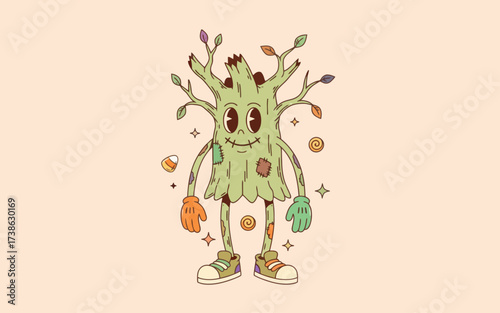 Cartoon tree character with colorful hands and smiling expression  