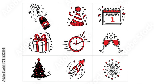 New Year celebration icons with champagne, gifts, and decorations  