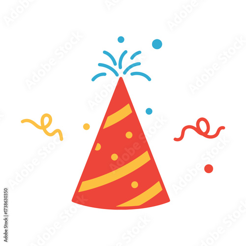 A red birthday party hat with yellow stripes, adorned with confetti and streamers, celebrating a festive occasion