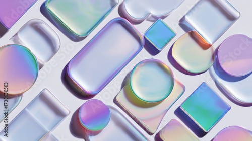 Iridescent glass shapes of various sizes and shapes against a white surface