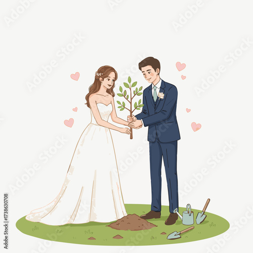 Wedding Couple Planting a Tree Together with Hearts Illustration