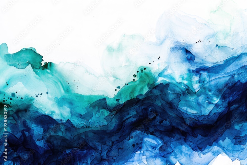 Obraz premium Vibrant Watercolor Wash – Indigo and Emerald Flows with Paper Grain Detail