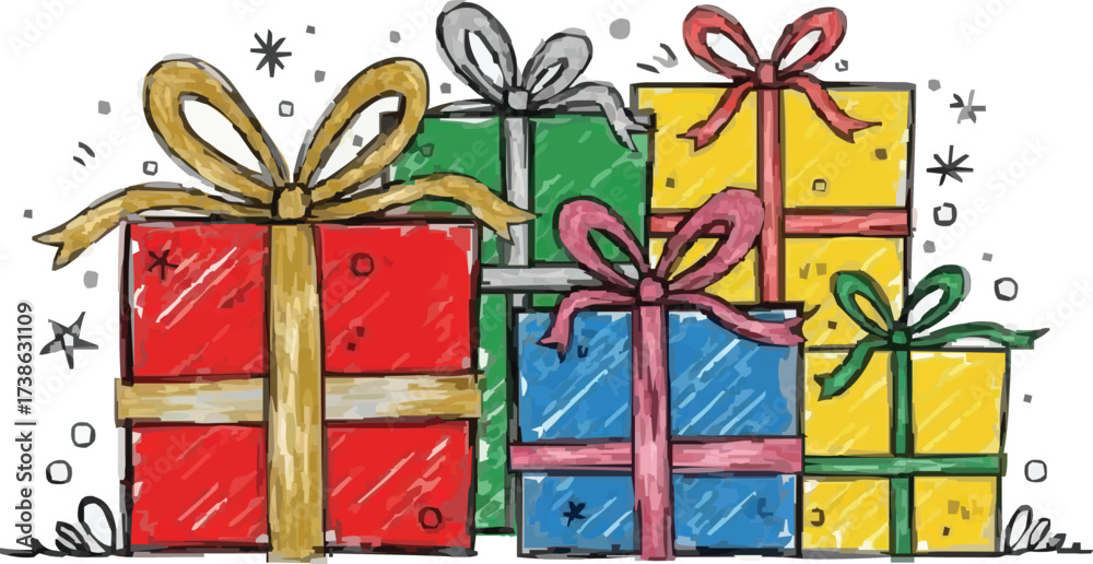 Fototapeta premium Colorful Crayon Sketch Gift Boxes - Hand-Drawn Stack of Holiday Presents with Scribble Texture - Festive Celebration Illustration