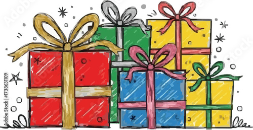 Colorful Crayon Sketch Gift Boxes - Hand-Drawn Stack of Holiday Presents with Scribble Texture - Festive Celebration Illustration

