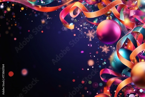 Festive Christmas Ornaments and Ribbons. Beautiful festive composition of Christmas baubles and ribbons on a dark background.