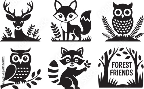 Forest Friends Deer, Fox, Owl, Raccoon - Silhouette Illustrations