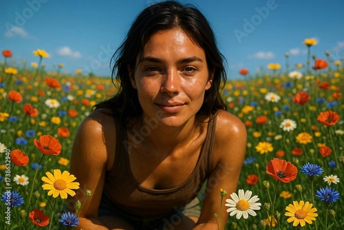 Young tanned woman in flower field in summer