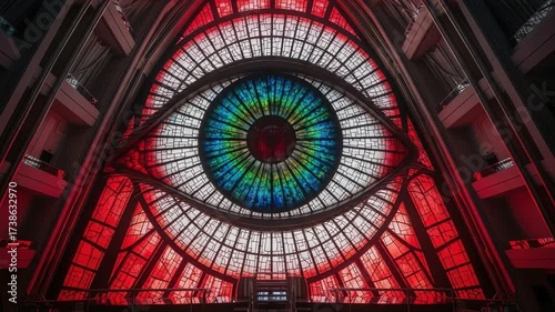 A Stunning Architectural Marvel Featuring an Eye-Catching Stained Glass Design in Vibrant Colors, Merging Art and Structure in a Captivating Scene