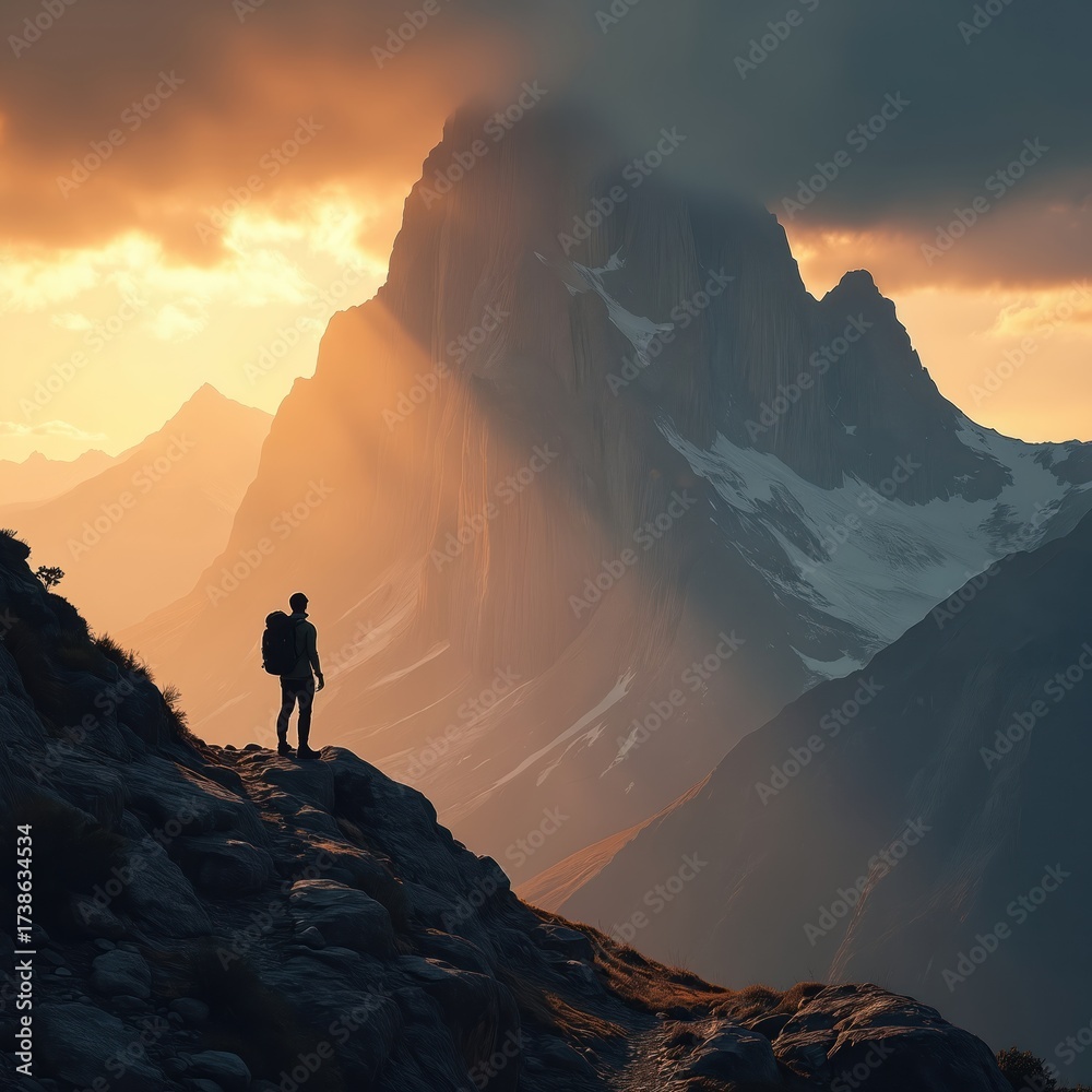Fototapeta premium Lone hiker stands on mountain ridge with large peak behind. Golden sunset light streams through clouds illuminating vast rocky landscape. Scenic view, peaceful atmosphere, adventure awaits.