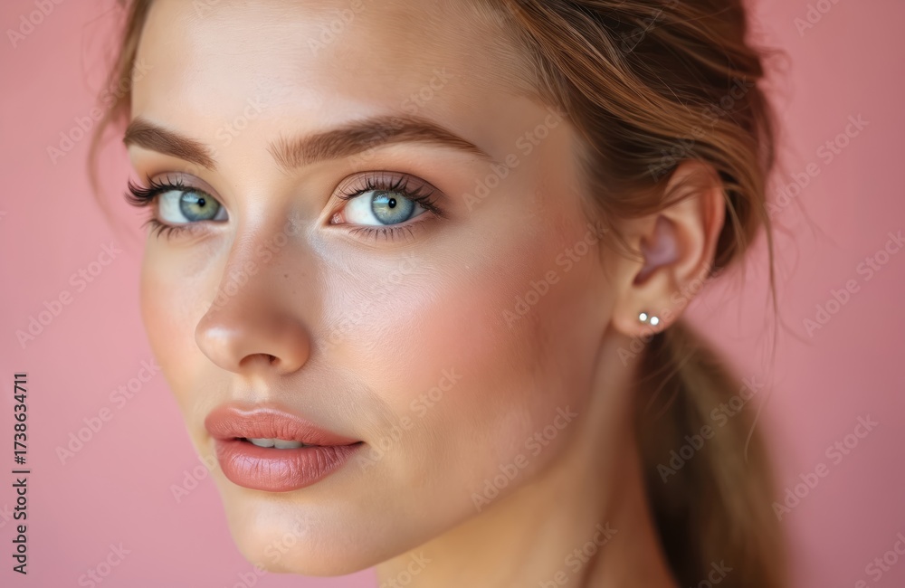 Obraz premium Close up portrait of beautiful young woman with bright blue eyes. Clear healthy skin, natural makeup. Girl looks sideways with calm expression on pink background. Face shows beauty, youth, wellness.