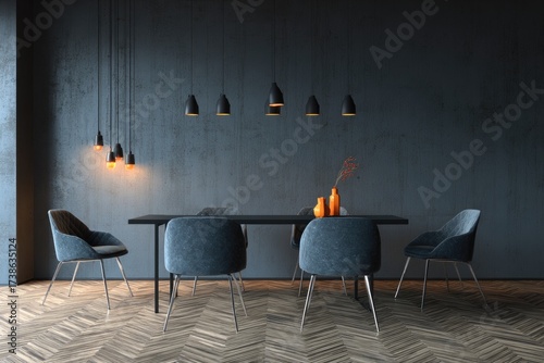 Modern dining room with dark blue chairs, table, and lighting. Concrete wall. Wooden floor