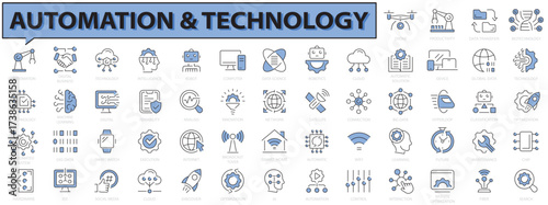 Automation & Technology 56 line icon set. Machine learning line icons. Robotics, iot, biometric, device, chip, robot, cloud computing and automation icon. Vector illustration.