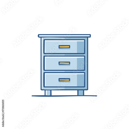A blue bedside table with three drawers. The furniture has a minimalist style