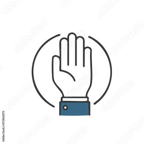 A symbolic representation of a raised hand within a circular outline, conveying a gesture of stop, pause, or agreement