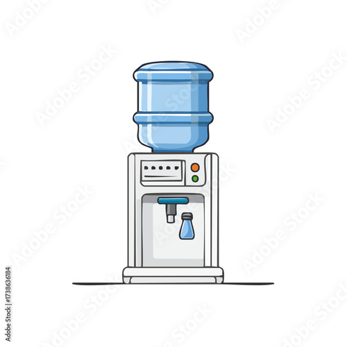An illustration of a water cooler, with a large blue water bottle on top