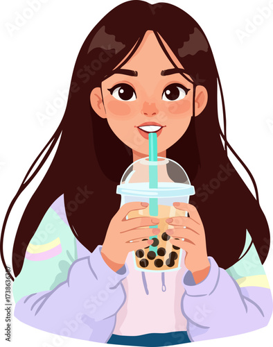 Cartoon Brunette Woman Drinking Boba Tea Illustration Character