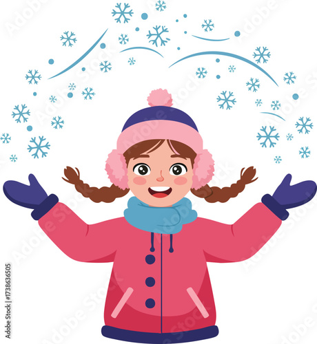 Cartoon Smiling Little Girl with Snowflakes Winter Season Illustration