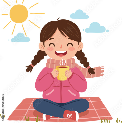Cartoon Smiling Girl Enjoying Hot Drink on Picnic Blanket Illustration