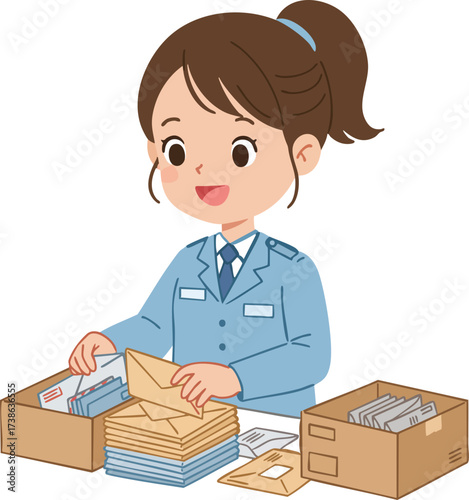 Flat Style Detailed Postwoman Sorting Mail in Cardboard Boxes Illustration