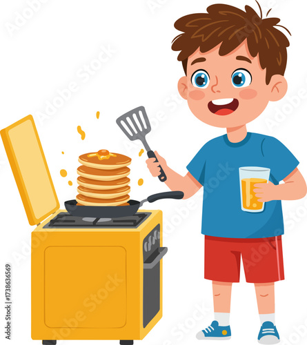 Cartoon Little Boy Cooking Pancake Stack on Stove Illustration Art