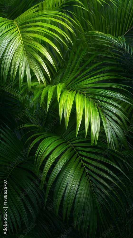 Obraz premium Vibrant palm fronds for nature inspired design projects. Green leaves on dark background. 