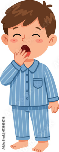 Cute Cartoon Character Boy Wearing Pajamas Yawning Sleepily Illustration