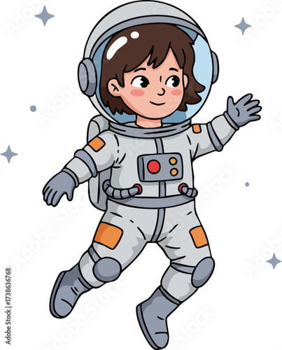 Hand Drawn Adorable Astronaut Girl Floating In Outer Space Illustration